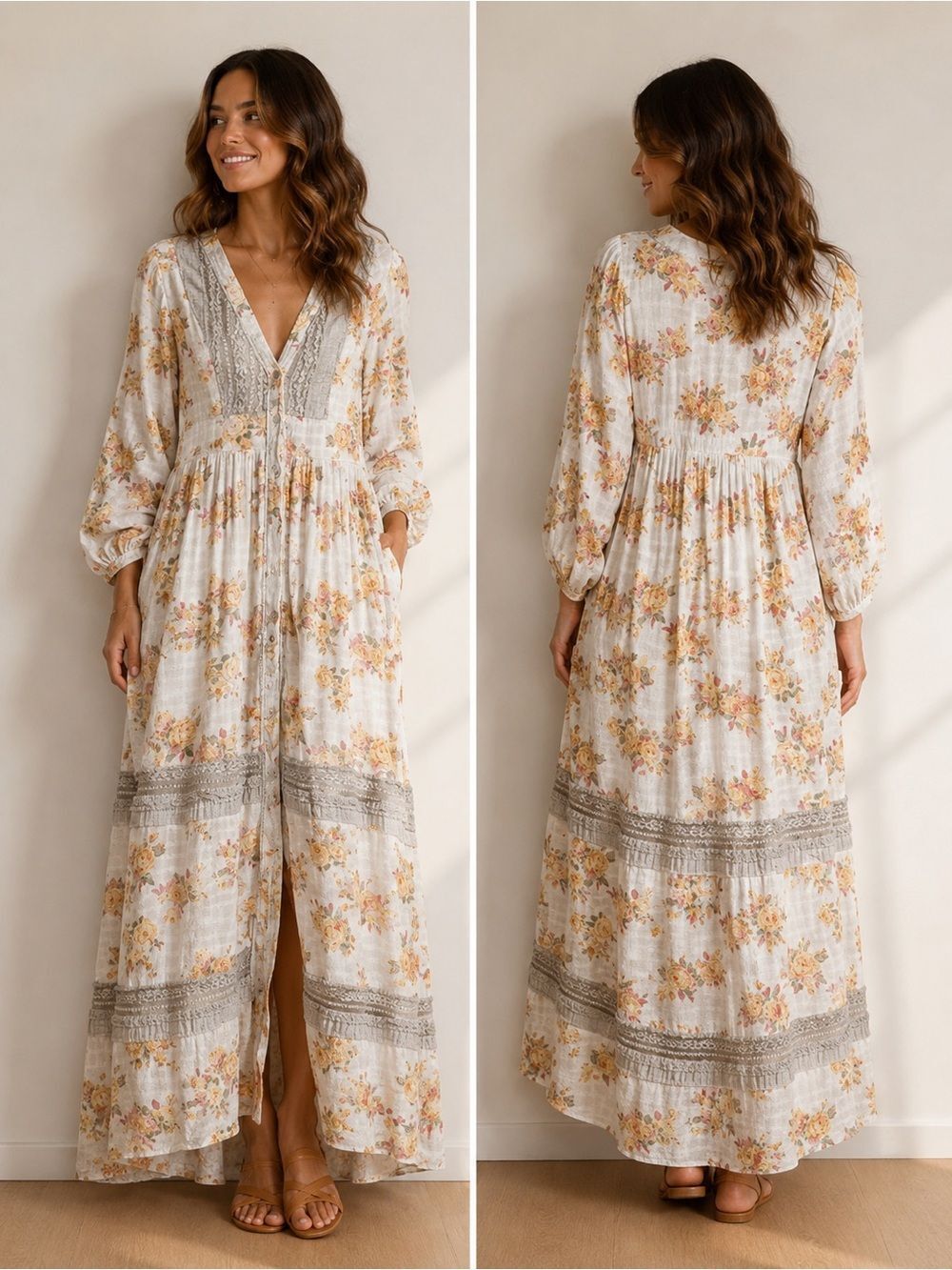 Audrey Parks Francesca’s Bohemian Floral Print Maxi Button Down Dress Size S